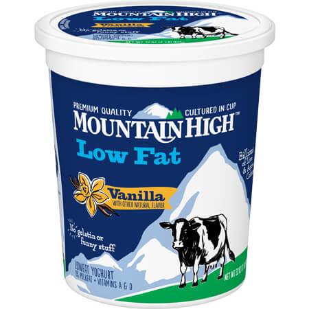 Mountain High Vanilla low fat yogurt, front of package.