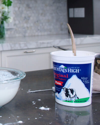Mountain High Yoghurt tub on a kitchen counter